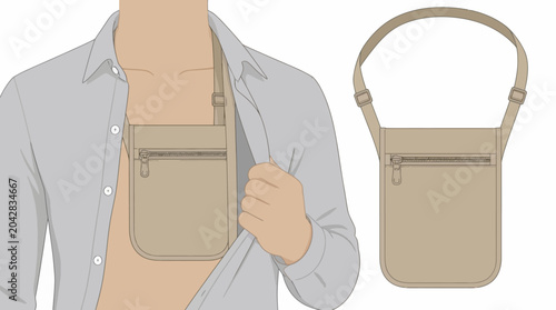 Tableau sur toile Man wearing discreet chest bag under shirt, with separate bag illustration, vect