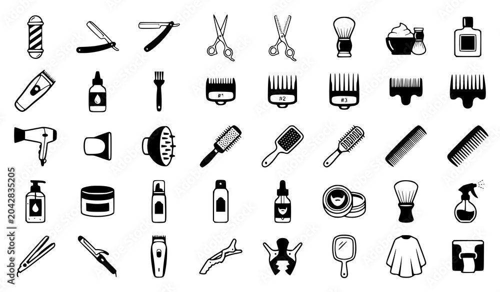 Fototapeta premium Barbershop Vector Icons Set of Professional Men Grooming Tools Hair Salon Accessories and Shaving Equipment Isolated on White Background