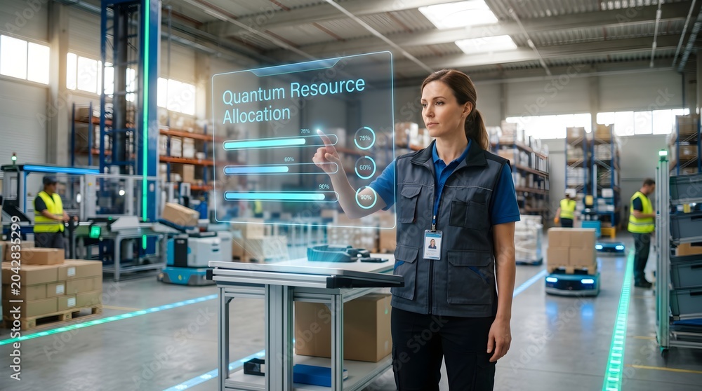Obraz premium Female Warehouse Manager Interacting with Futuristic Holographic Interface for Quantum Resource Allocation in Automated Logistics Center