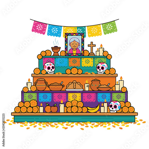 Fotografía Multi-tiered day of the dead altar with portrait and offerings mexican holiday s