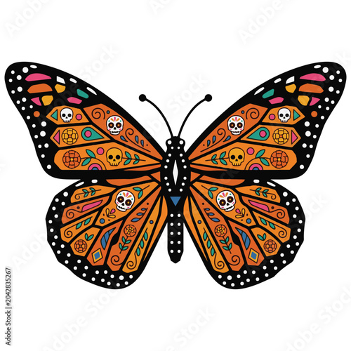 Cuadro en lienzo Monarch butterfly decorated with sugar skulls and marigolds sugar skull mexican