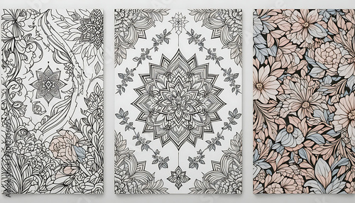 Three panels of floral mandala designs for coloring book with intricate patterns and illustrations