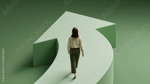 The Path to Success: A lone woman confidently walks along a rising arrow, symbolizing her journey towards achievement and future growth.