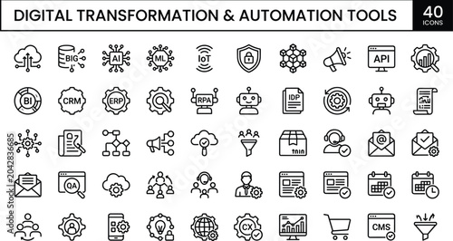 Digital Transformation Automation Tools Outline Icon Set With AI Cloud CRM API And Business Technology Symbols