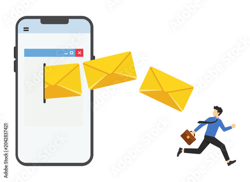 Businessman Escaping Endless Incoming Emails, Digital Communication Overload and Productivity Challenge Concept, Flat Vector Illustration.