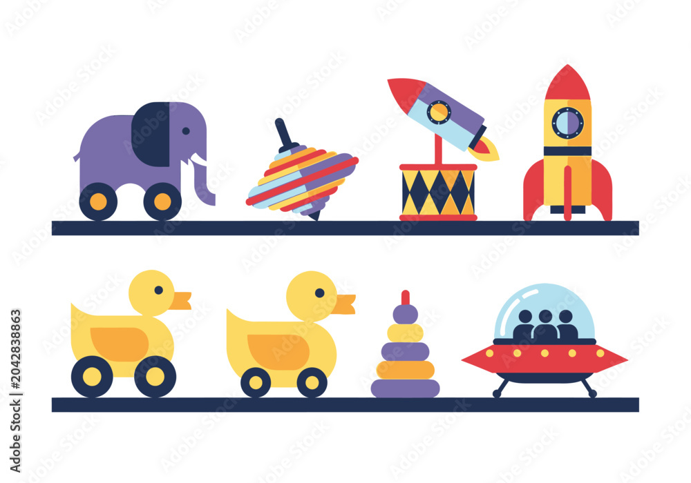 Fototapeta premium Set of Minimalist Flat Vector Children's Toys on Shelves. Colorful Kids Playthings Including Rockets, Ducks, Elephant, UFO, and Spinning Top