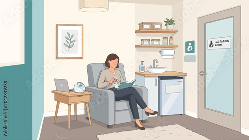 Working Mother Using Breast Pump While Reading in Office Lactation Room Flat Design Illustration