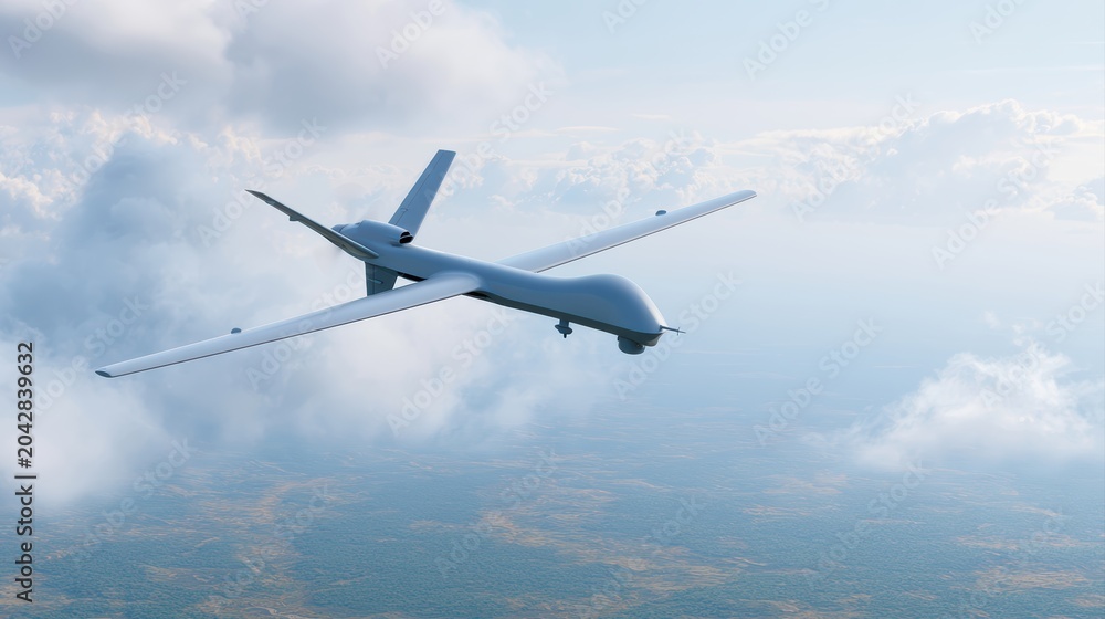 Naklejka premium Military drone flying above landscape under cloudy sky, surveillance technology, defense mission, modern UAV concept