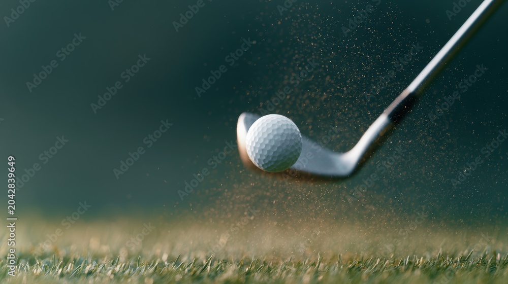Naklejka premium Golf iron striking white ball at sunset, flying grass particles, luxury sports advertising concept, cinematic action shot