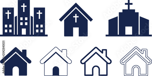 Konstfotografi Church buildings and residential house icon set featuring cross symbols and real