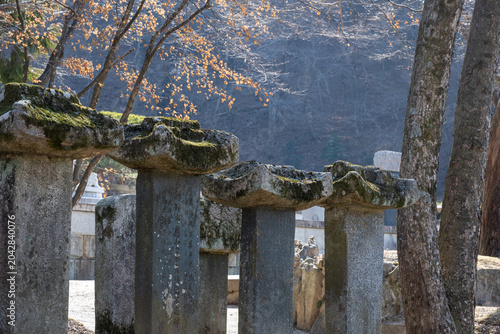 Fotografia Ancient stone steles with moss and chinese characters standing at a buddhist temple entrance in South Korea