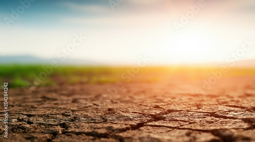Cracked dry earth under sunset sky with blurred green field