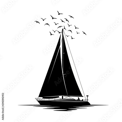 Black Silhouette Sailboat Sailing with Flock of Birds.