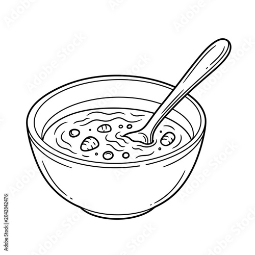 Bowl of soup with spoon illustration.