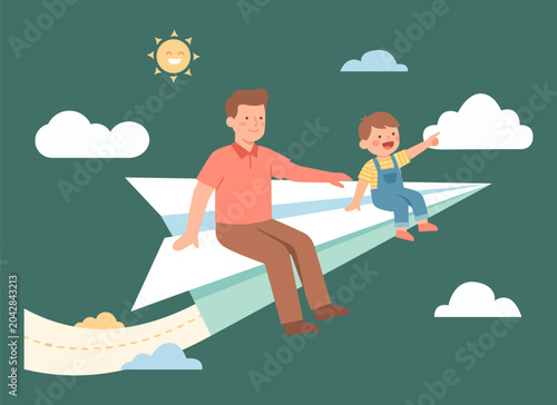 Happy Father’s Day Flat Vector Illustration of Father and Son Riding a Paper Airplane