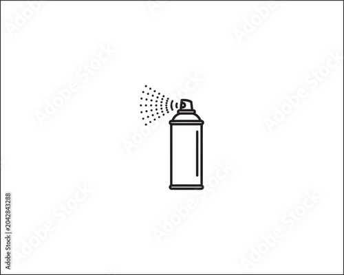 Minimalist black outline icon of spray can with nozzle releasing mist of small dots, clean design symbolizing spraying, aerosol dispersion, paint, deodorant, or cleaning products, simple geometric