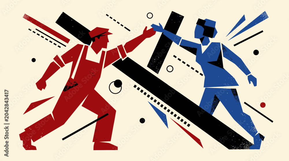 Fototapeta premium Constructivist style vector illustration featuring a man and woman reaching out to each other in a bold graphic design