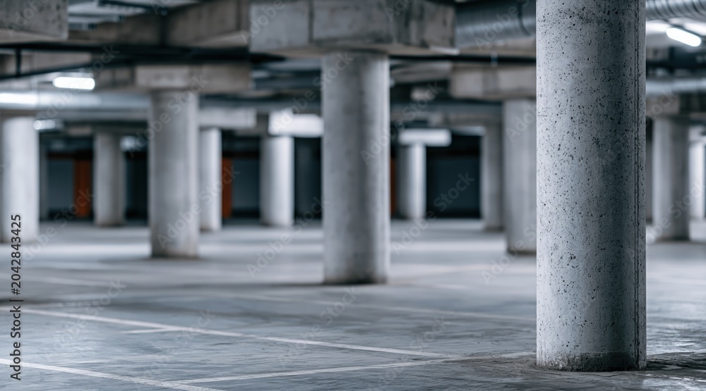 Fototapeta premium Empty underground parking garage with concrete pillars