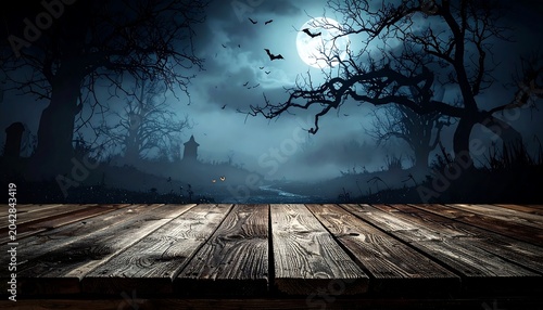 Spooky night scene with bats and a full moon above old cemetery