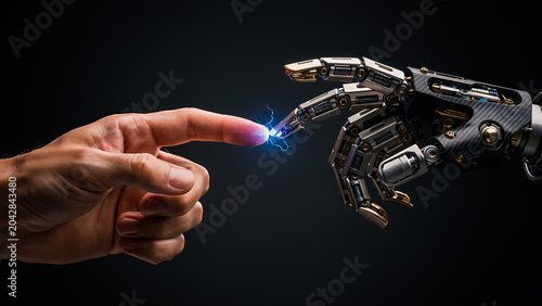 A cinematic close-up of a highly articulated robotic hand with visible joints and mechanical actuators, reaching out and nearly touching a human hand. The hands approach fingertip to fingertip.