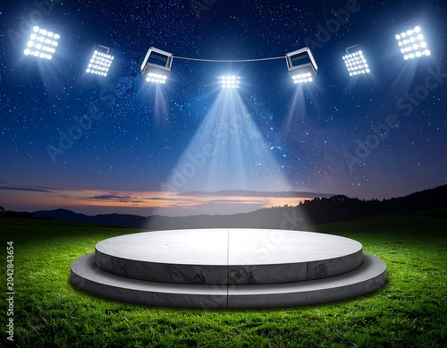 Spotlit stage in night sky with bright lighting and grass foreground