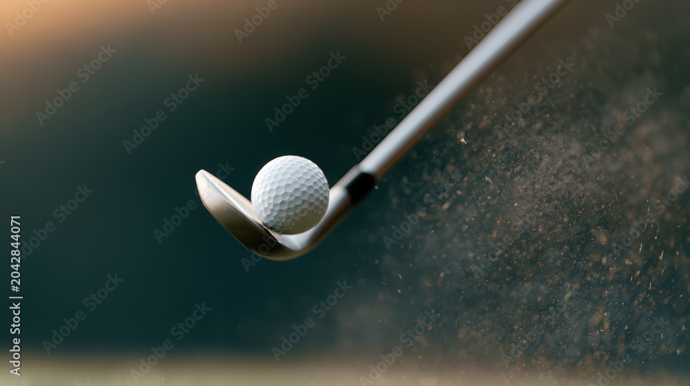 Naklejka premium Golf iron striking white ball at sunset, flying grass particles, luxury sports advertising concept, cinematic action shot