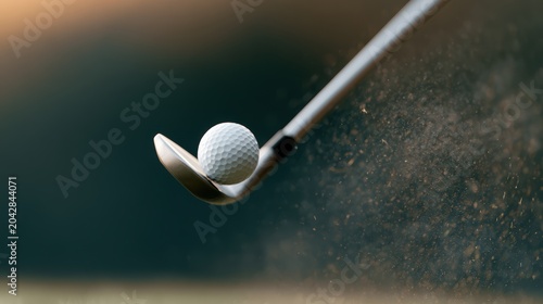 Golf iron striking white ball at sunset, flying grass particles, luxury sports advertising concept, cinematic action shot