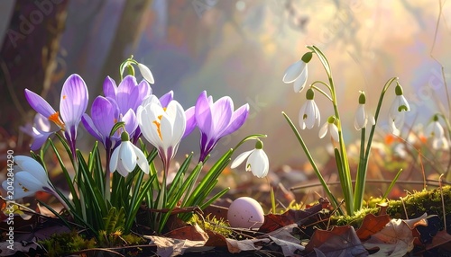 Spring crocus and snowdrop flowers in sunlight botanical beauty and bloom