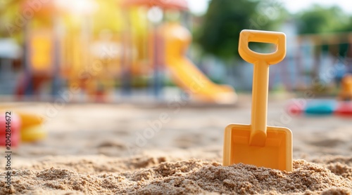 Yellow plastic toy shovel in sandbox at outdoor playground