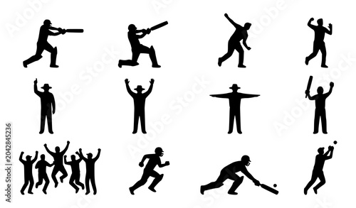 Canvas Print Cricket gameplay silhouette icons set showing batting bowling umpire and celebra