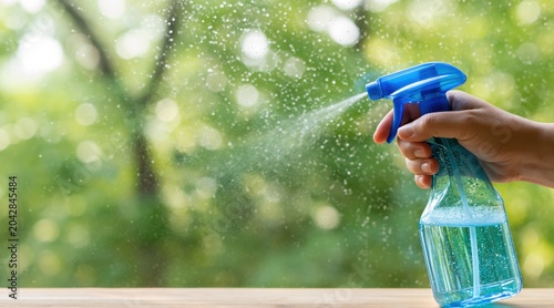 Hand holding blue spray bottle and spraying mist against blurred green background