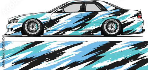 Car with blue and black design.