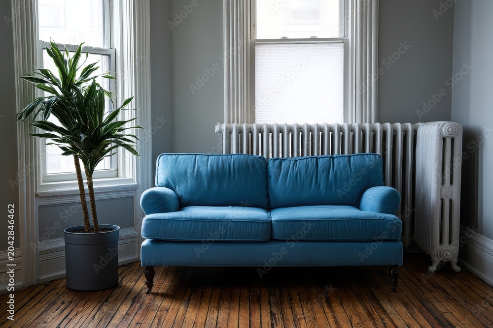 Fototapeta premium Blue sofa and teal loveseat in a modern living room with a plant and white radiator for interior design marketing