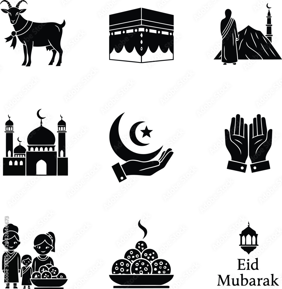 Fototapeta premium Eid Mubarak Islamic Icon Set with Mosque, Crescent Moon, Praying Hands and Decorative Elements