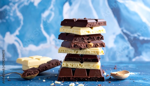 Stacked chocolate bars displayed on a blue surface with a textured background