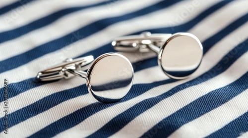Shiny cufflinks on striped fabric