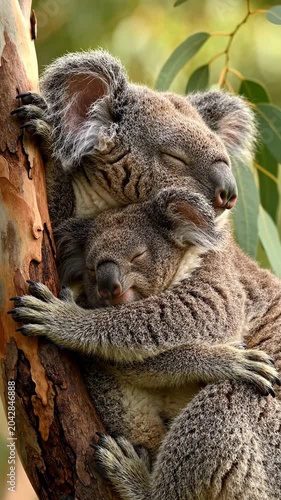 Cuddly koala mother and joey resting.