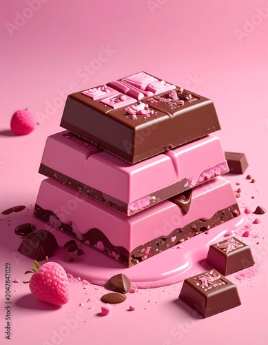 Stacked chocolate bars with pink filling and strawberries on pink background