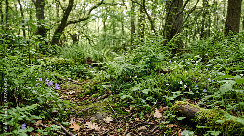 Lush green forest scene with dense foliage and sunlight filtering through the trees.