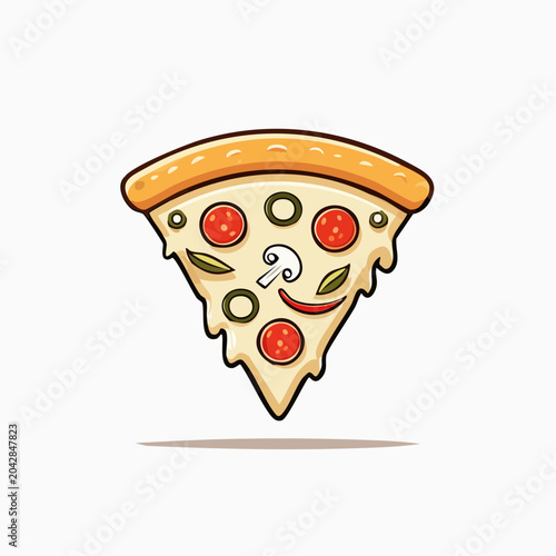 Delicious slice of pizza with pepperoni, mushrooms, olives, and chili peppers, perfect for a casual meal or a fun gathering