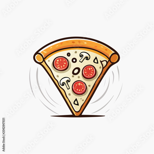Vibrant cartoon illustration of a delicious pizza slice, adorned with fresh tomatoes and mushrooms, dynamically spinning, perfect for Italian cuisine, fast food, and culinary designs