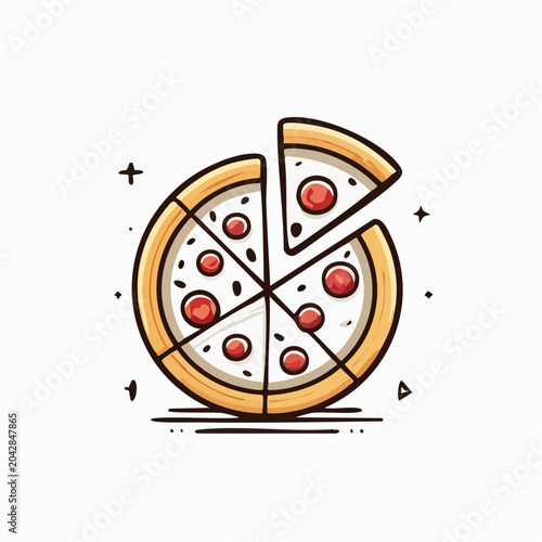 A delightful and vibrant cartoon illustration of a freshly baked pizza, expertly sliced with one piece playfully taken, perfect for conveying a tasty meal, snack, or shared culinary experience