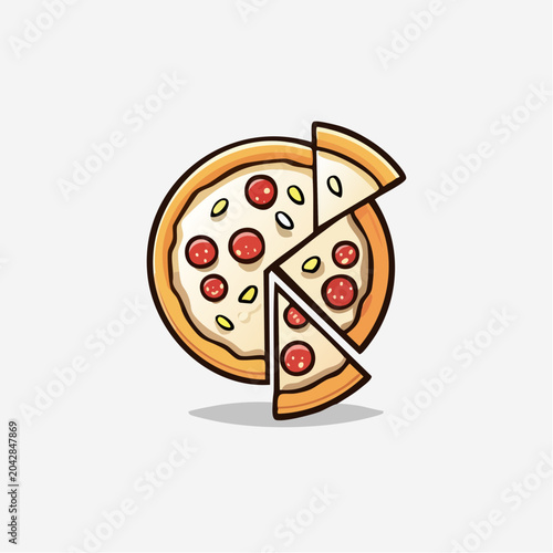 A vibrant and delicious cartoon illustration of a whole pepperoni pizza with several slices neatly separated, perfect for sharing and representing a tasty meal concept