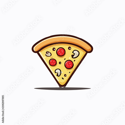 A delightful cartoon illustration featuring a single appetizing slice of pepperoni and mushroom pizza, perfect for menus, fast-food branding, or culinary graphic design projects