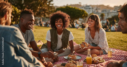 Sunset bathes friends sharing picnic on grass. Laughter flows as they eat bread, drinks, and snacks. Warm tones highlight joy, connection, and carefree moments. Perfect for lifestyle, social