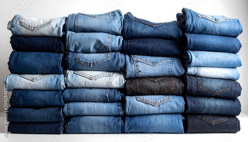 Stacked denim jeans in various shades on white background stock photo