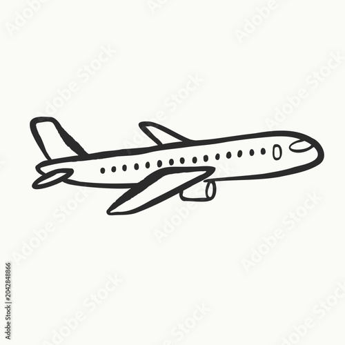 Hand drawn airplane doodle outline. Travel transport icon in minimal sketch style. Vector illustration isolated for tourism design, stickers and planner.