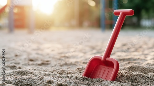 Red plastic shovel standing in playground sandbox at sunset
