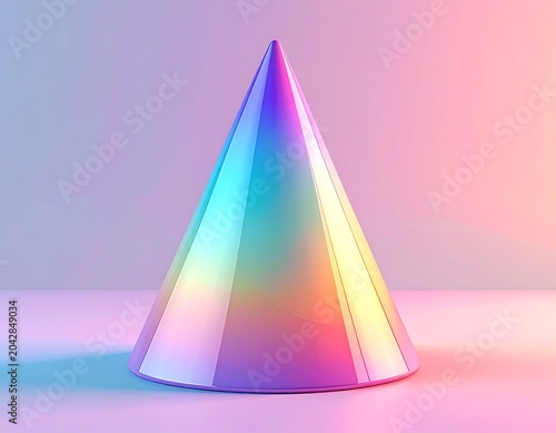 A 3D rendered, shiny, geometric cone reflects a spectrum of colors against a pastel gradient background. The form is glossy