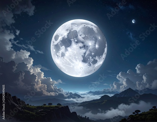 A breathtaking night scene features a giant moon dominating the sky, above layered hills & fluffy clouds. A small moon shines